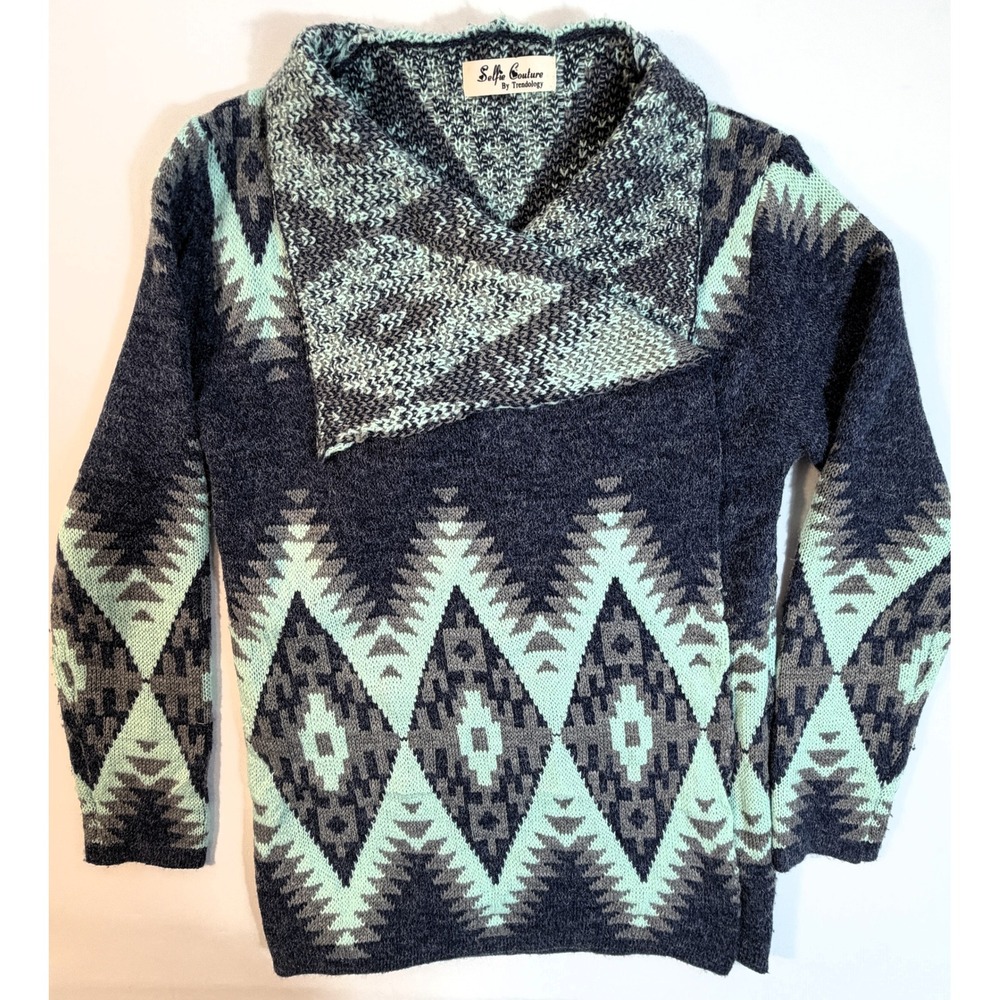 Selfie Couture Sweater Womens S Navy Mint Green Excellent Geometric Shawl Collar
